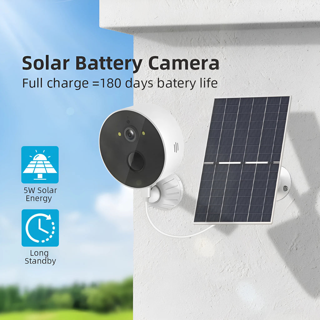 Outdoor security camera with attached solar panel for off-grid battery charging.