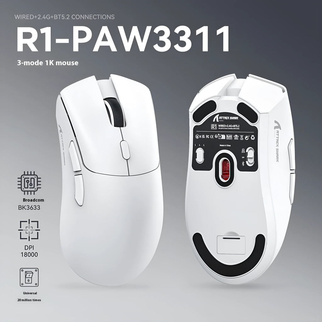 Attack Shark wireless gaming mouse in black, red or white with three connectivity modes