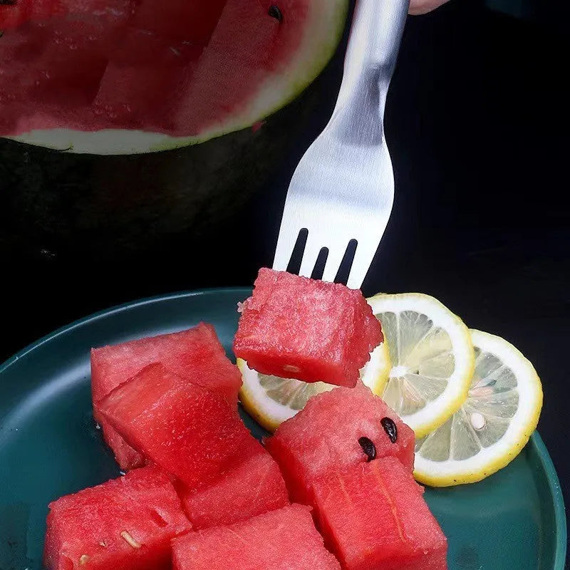 Stainless steel watermelon slicer with fork head showing 26cm length