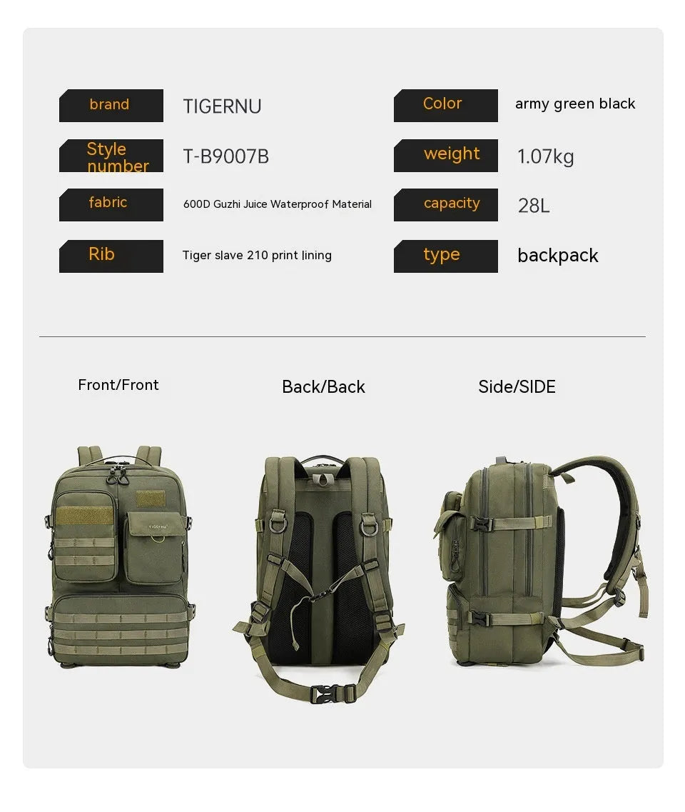 Army green tactical backpack with 17-inch laptop compartment and 35-litre capacity