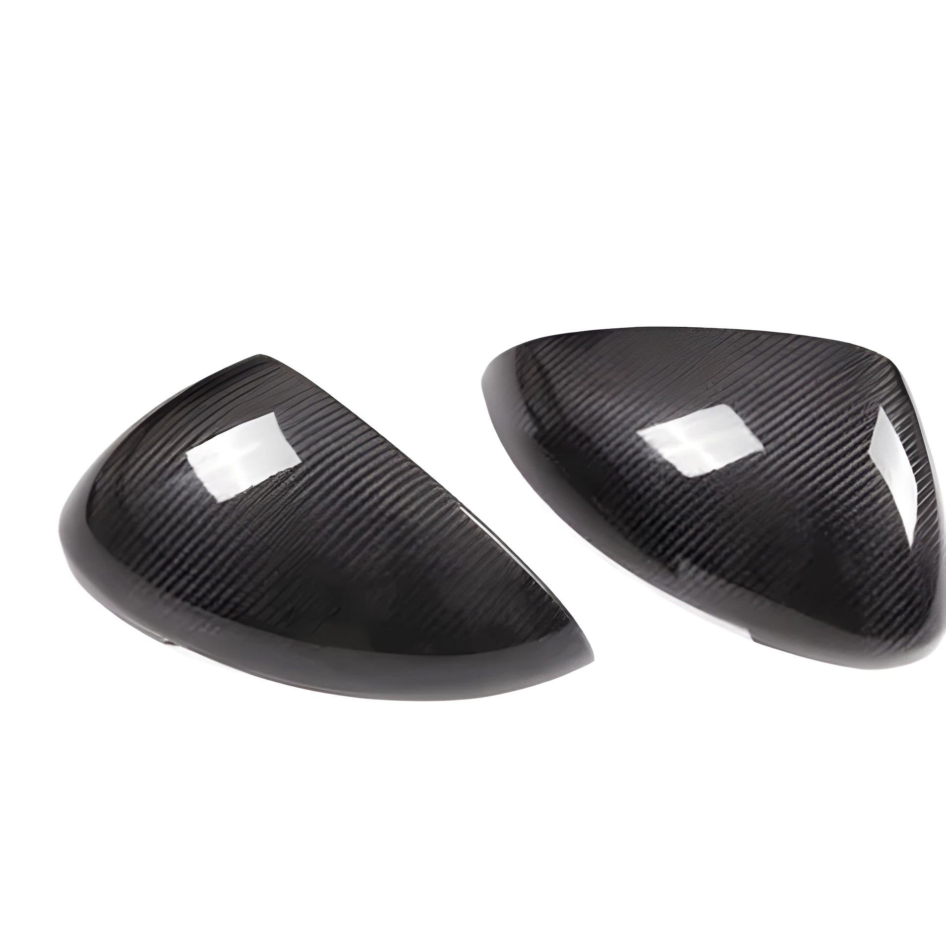 Black true carbon fibre rearview mirror covers for 14-22 Porsche Macan with visible weave texture