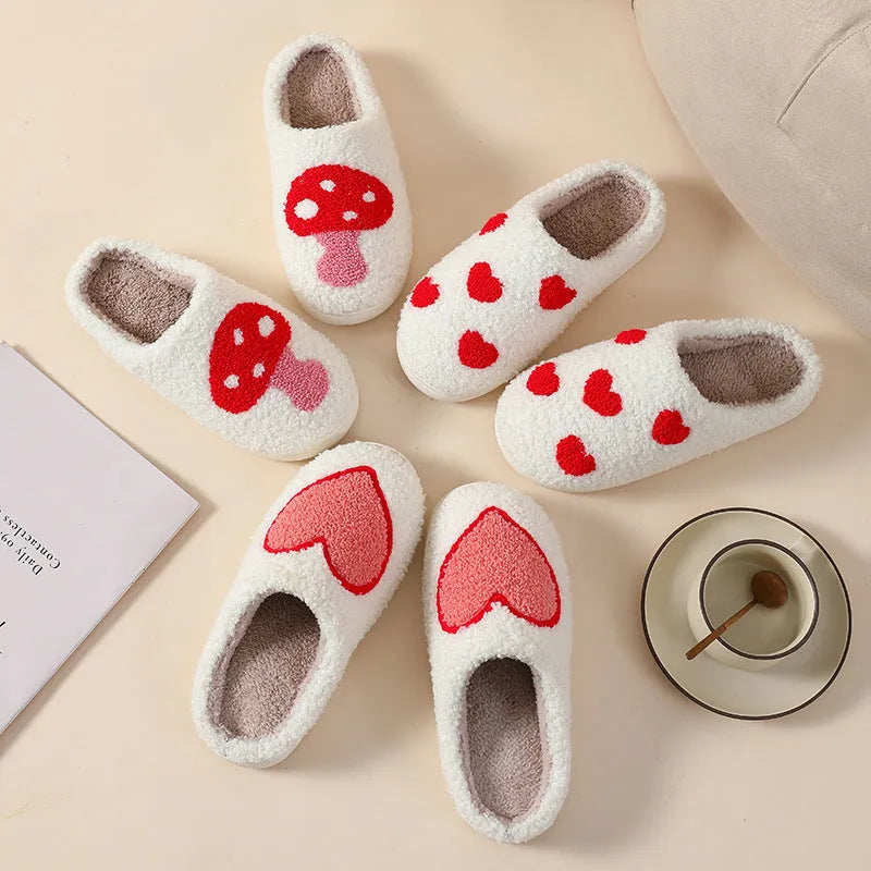 Women's plush cartoon love design slippers with non-slip PVC soles in multiple colour options