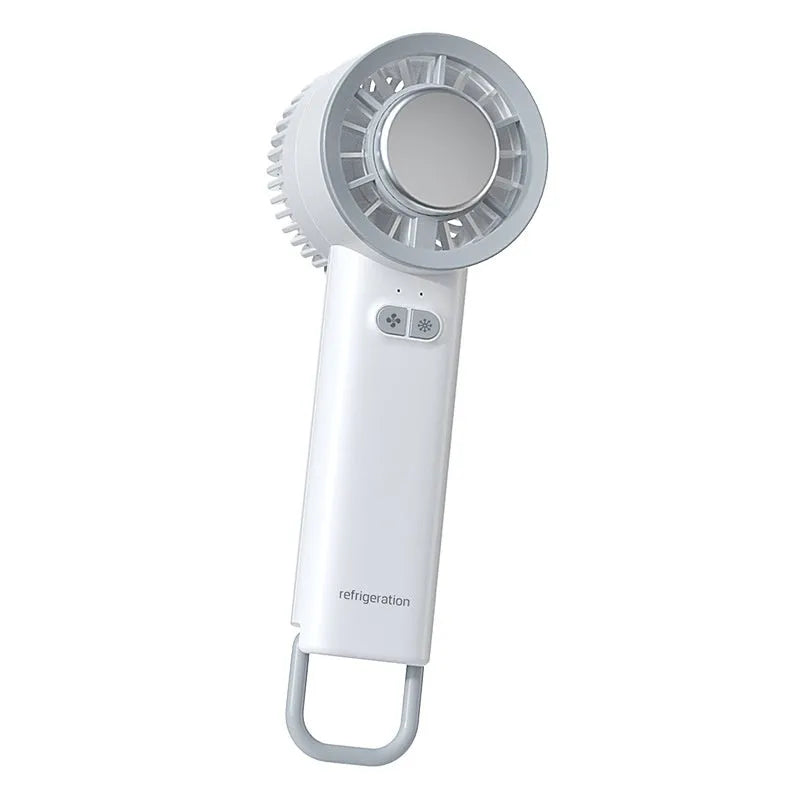 White handheld turbo jet fan with brushless motor and ice cooling function showing compact design
