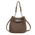 Soft PU leather retro bucket shoulder bag in black showing internal organiser pockets.