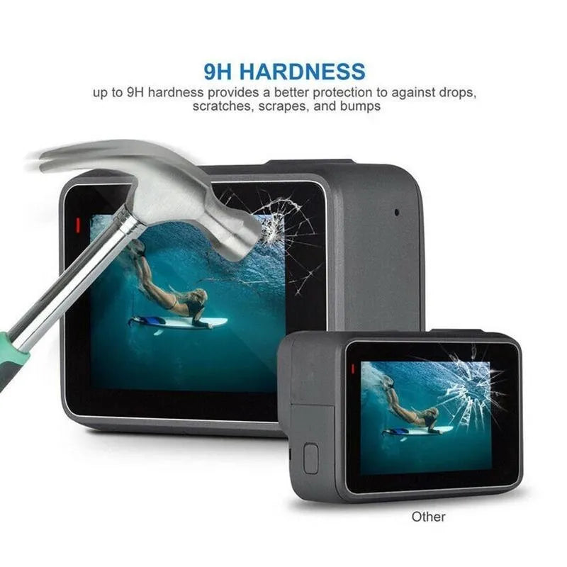 GoPro Hero camera with transparent 9H tempered glass screen protector and lens protector film applied.