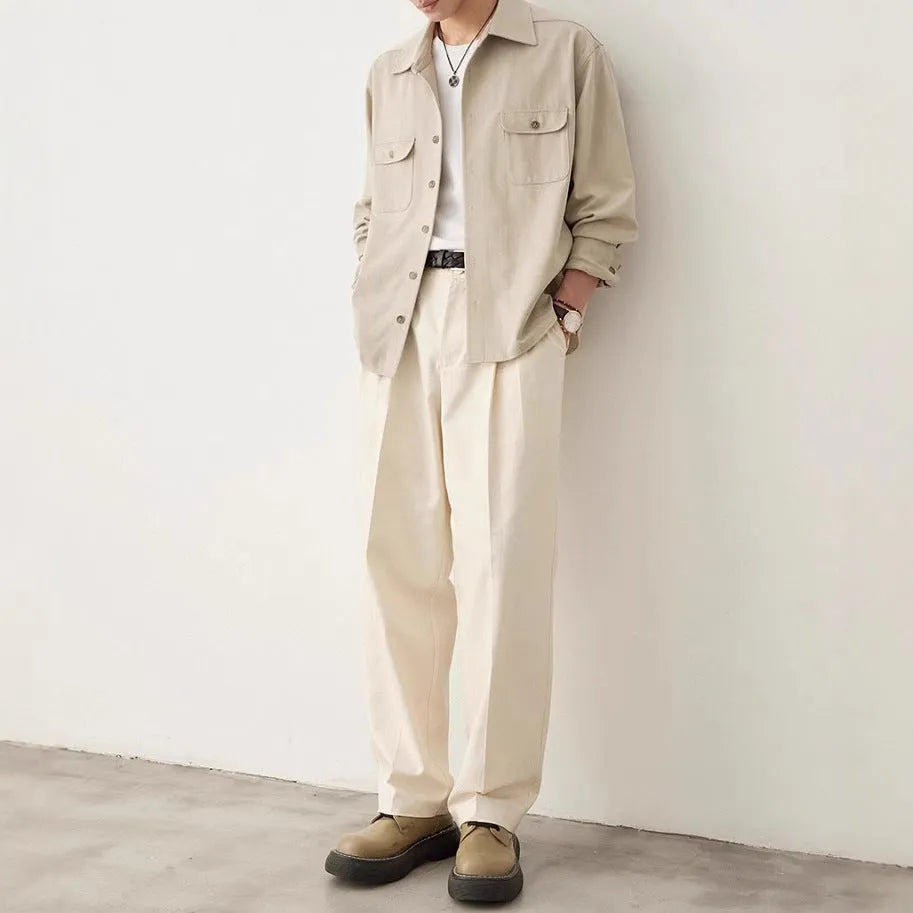 Men's light sand rice casual long sleeve shirt with a contrasting cotton fabric lapel.