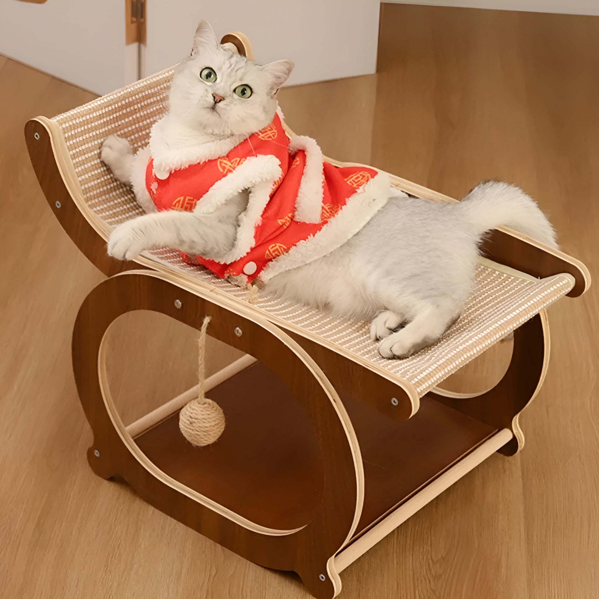 Solid wood cat bed with sisal scratching surface in walnut colour finish