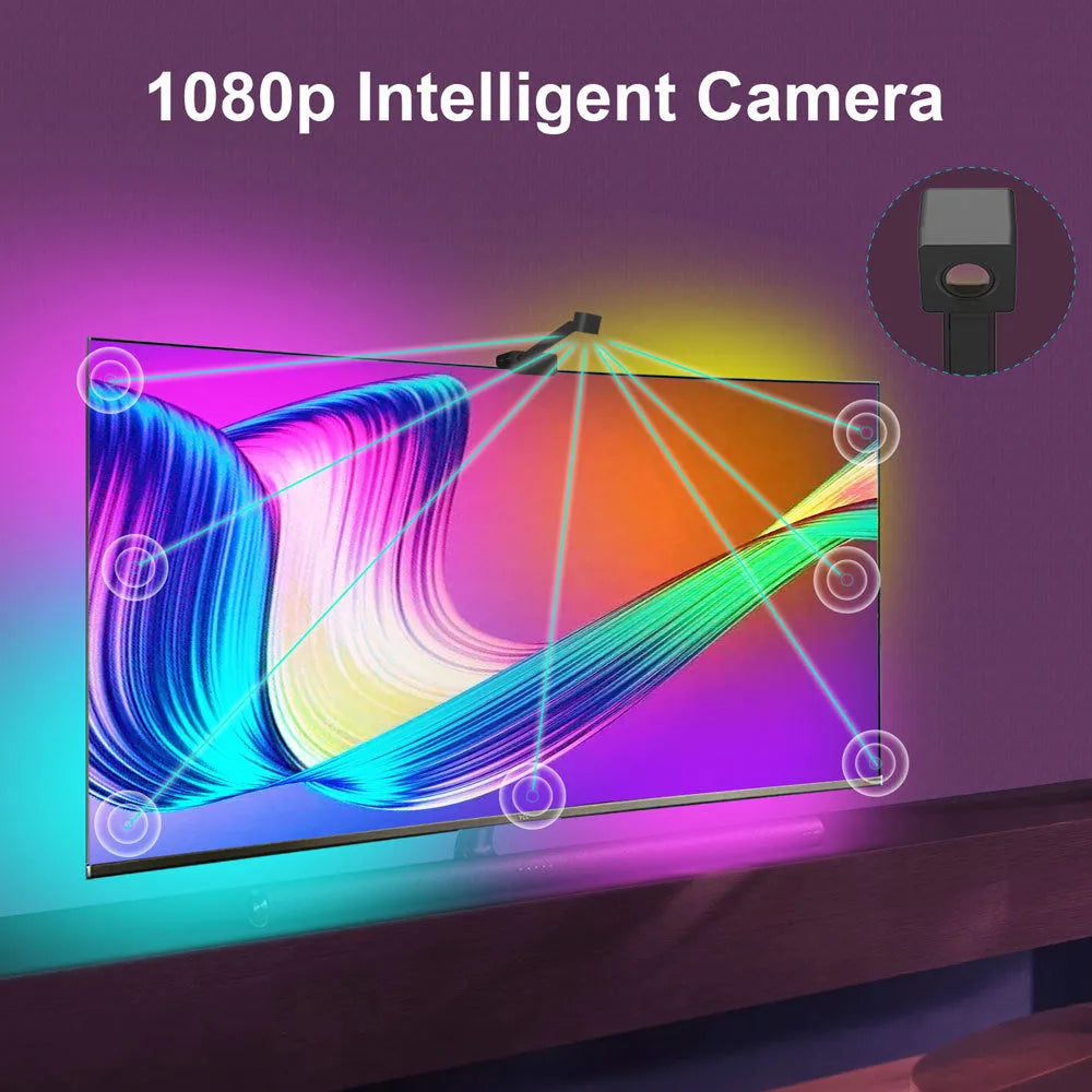 Smart TV LED backlight strip with camera for syncing colours, showing remote and app control.