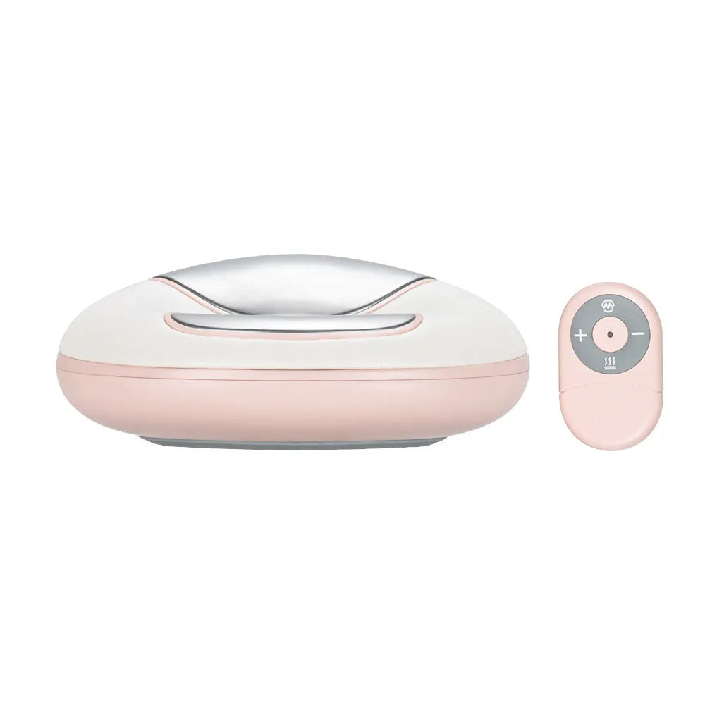 Smart electric hand massager with heat compress in pink and white on desk