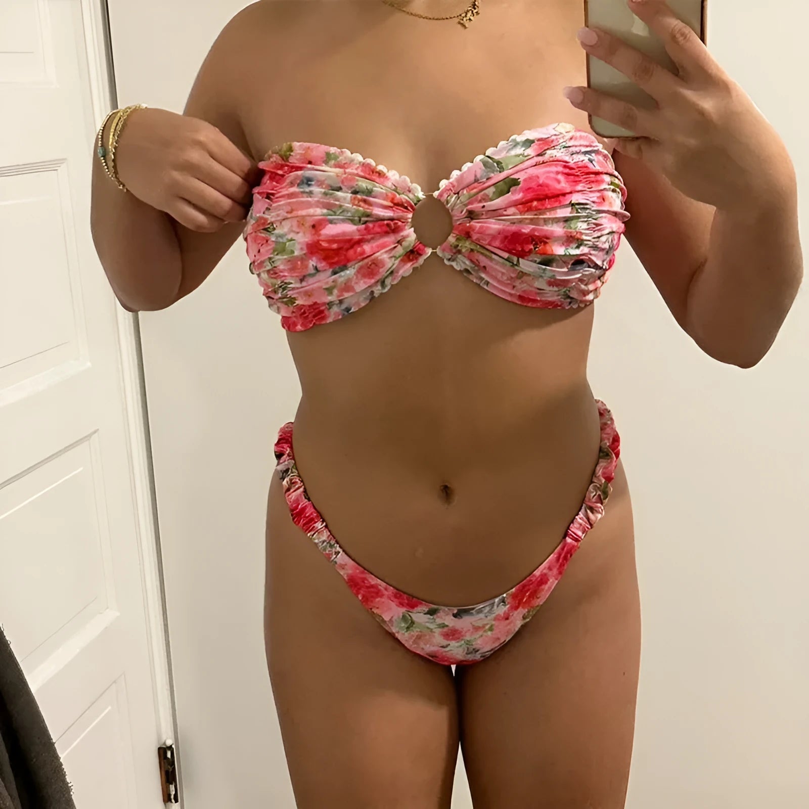 Floral printed tube top bikini set with lace trim in blue, pink, yellow colours