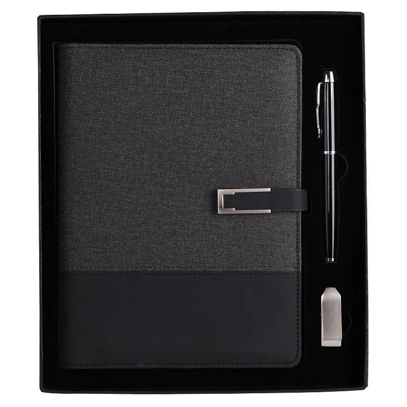 A5 business notebook with PU leather cover in brown colour showing wood-free paper pages