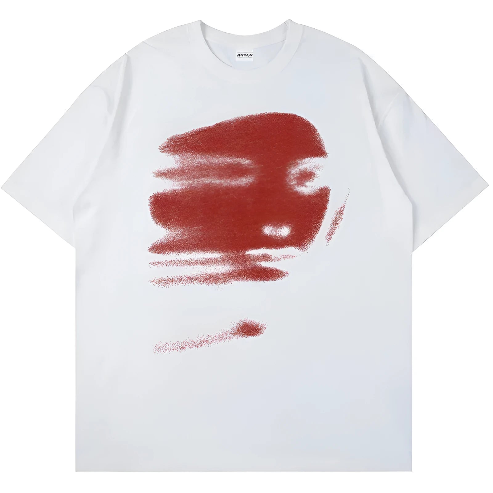 A plain white loose-fit cotton T-shirt with short sleeves and a round neck on a hanger.