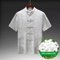 Traditional mulberry silk Tang suit jacket for men in light green, featuring a Mandarin collar and Chinese style design.