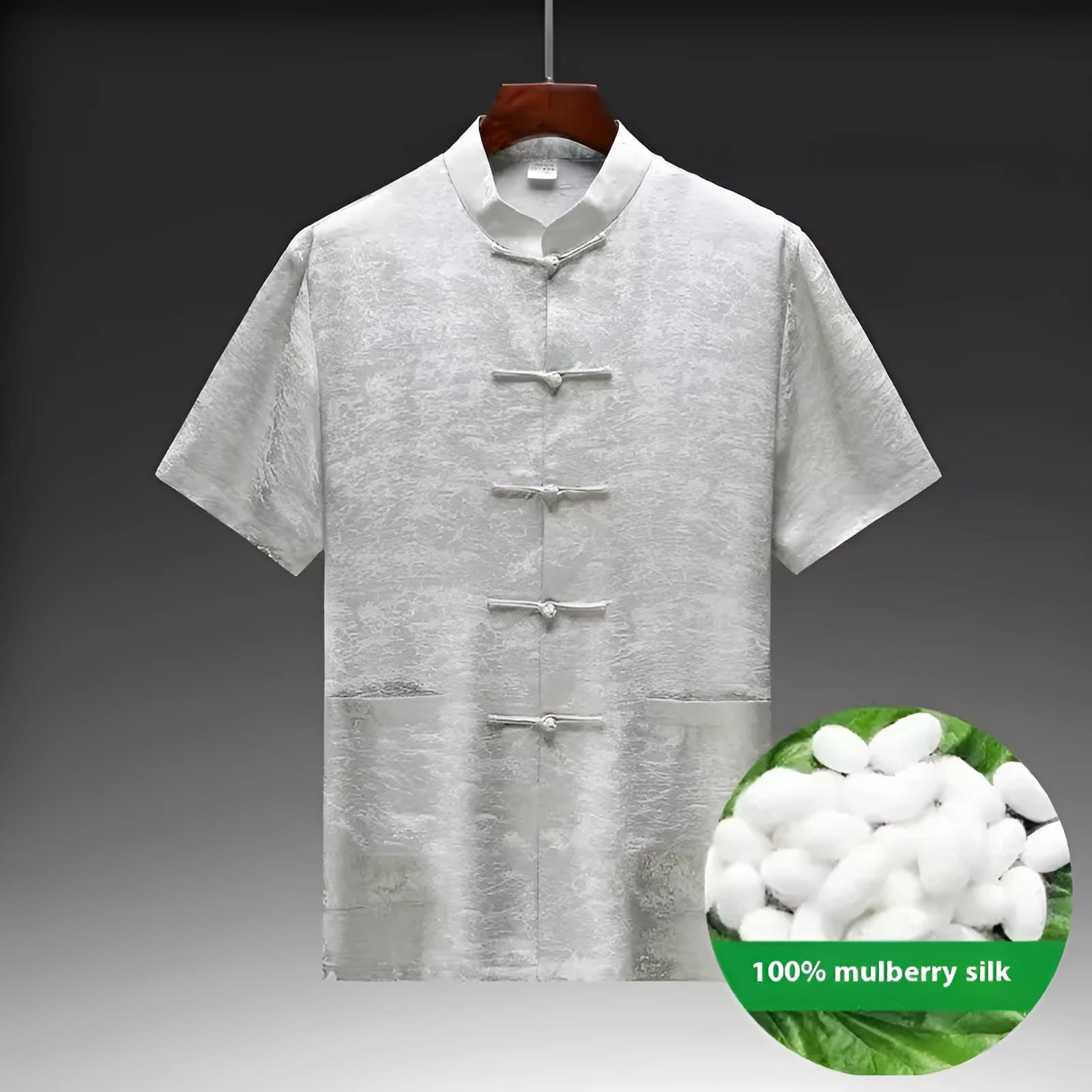 Traditional mulberry silk Tang suit jacket for men in light green, featuring a Mandarin collar and Chinese style design.