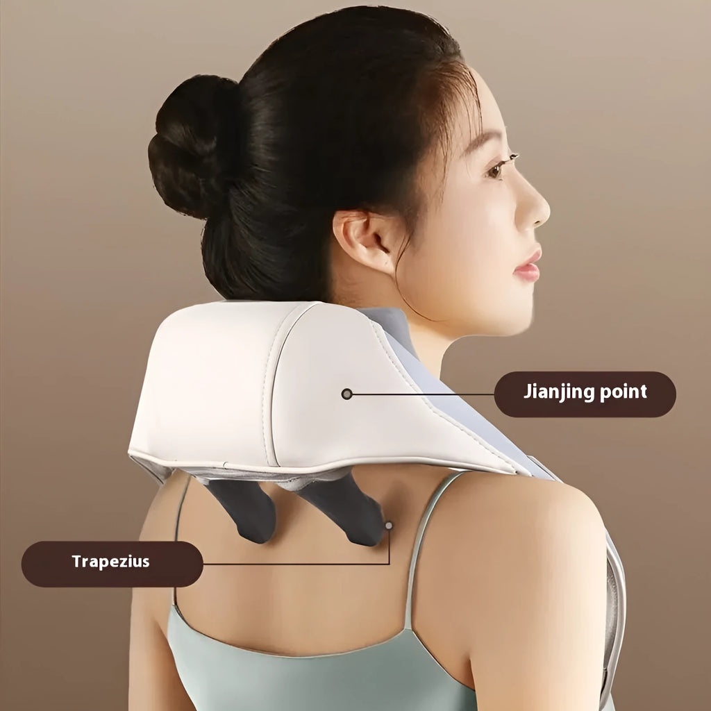 Blue rechargeable foldable electric neck and shoulder massager with display.