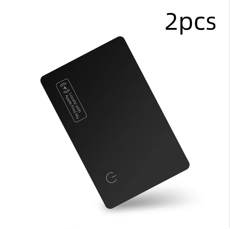 Black ultra-thin anti-loss card for Apple devices showing credit card dimensions and MFI certification