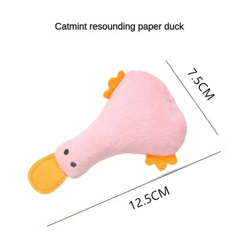 Colourful plush duck pet toy with catnip, a squeaker, and a crinkle rattle for cats and dogs.