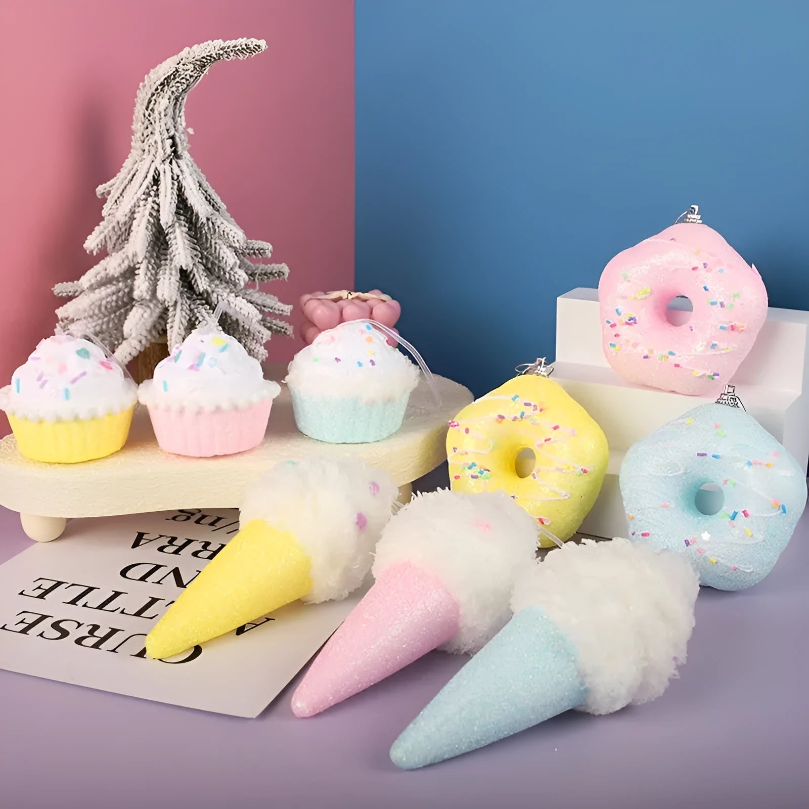 Foam Christmas macaron colour series pendant in ice cream shape, pink colour, hanging on a Christmas tree branch