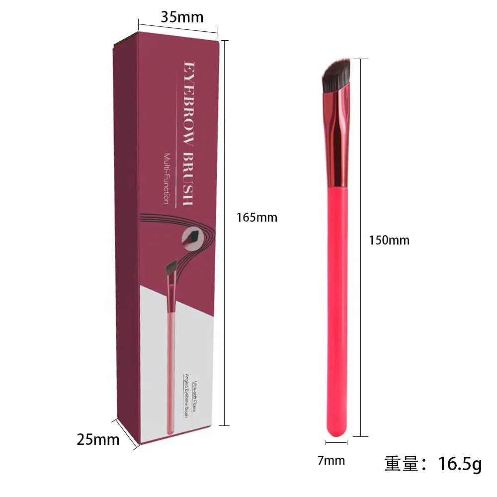 Square angled eyebrow stamp brush with synthetic fibre bristles and an ergonomic brown handle on a white background.