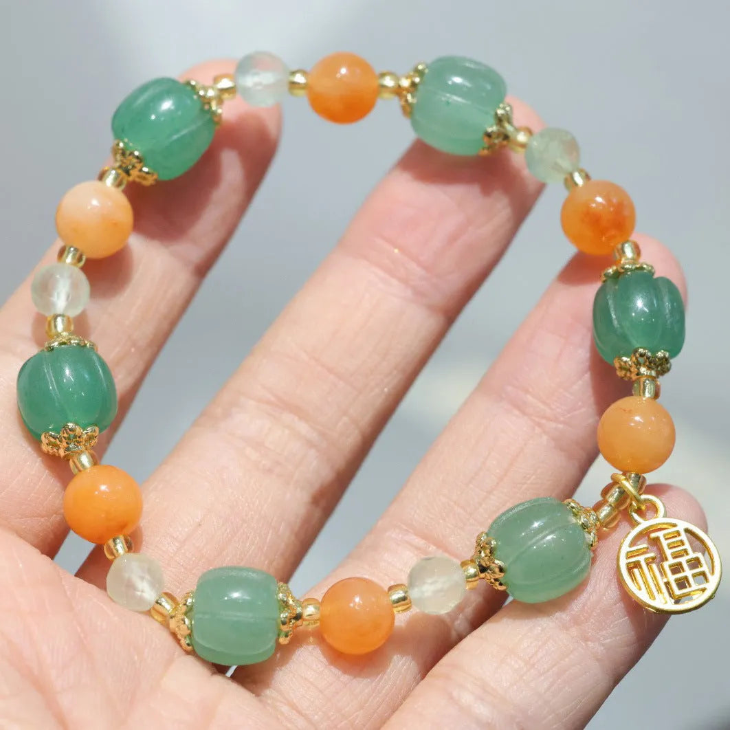 Traditional Chinese Duobao pumpkin bracelet with Jinsi Jade barrel beads and Prehnite accents