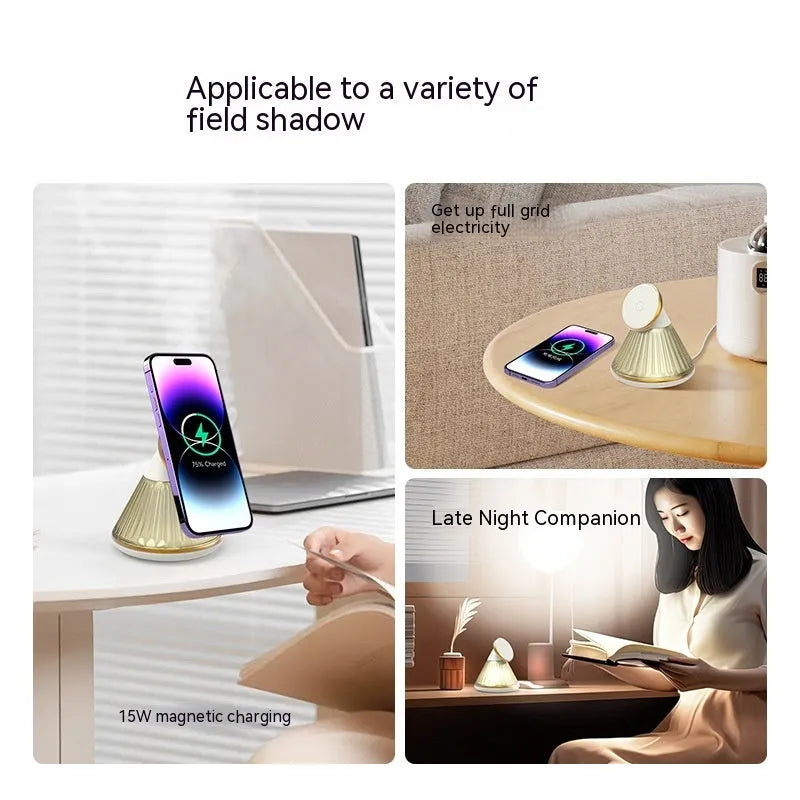 Champagne gold night table lamp with magnetic base and integrated 15W wireless charging pad