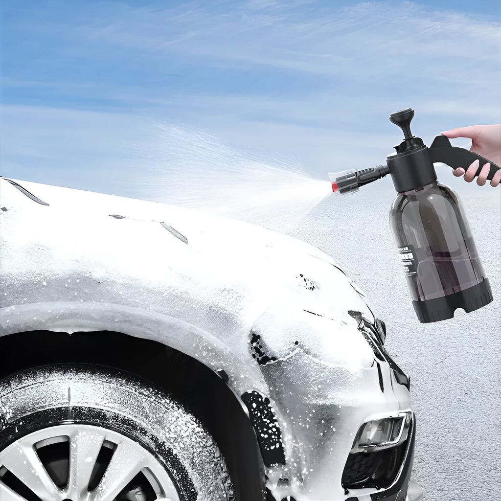Black hand-held 2 litre foam sprayer with two nozzles for car washing and plant watering