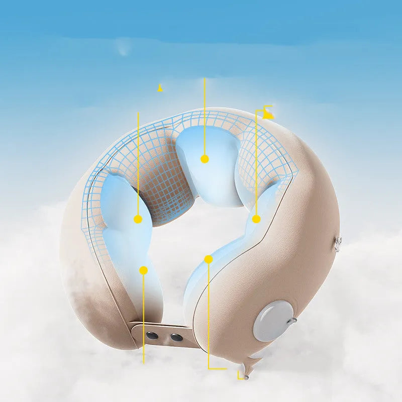 Inflatable blue and white cloud-pattern U-shaped travel neck pillow with carrying bag.