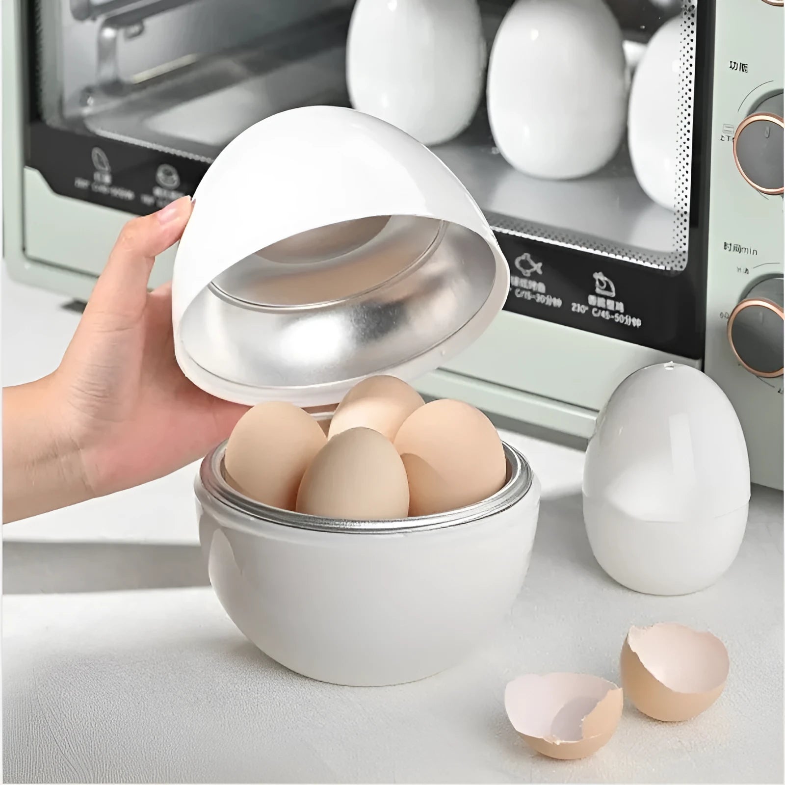 White egg-shaped microwave cooker for boiling up to four eggs, showing vent hole and knob.