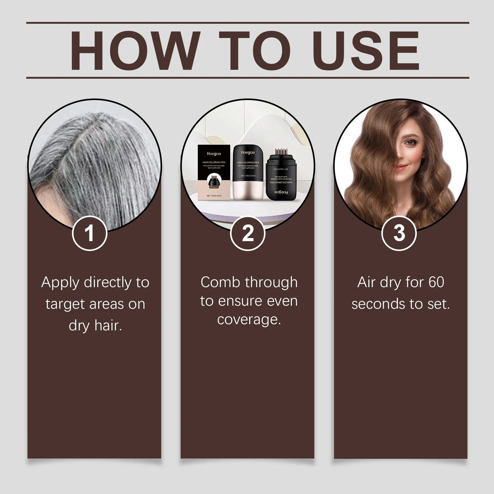 Instant hair dyeing and makeup pen for root touch-up with water-based formula, available in black and brown, 5.53x2.65x9.75cm