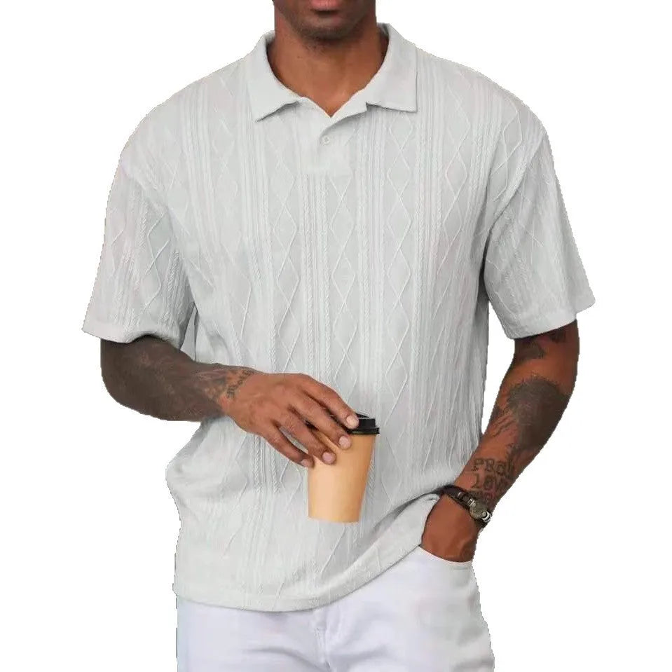 Men's retro button lapel short sleeve cotton blend T-shirt in loose knit, shown in Army Green.