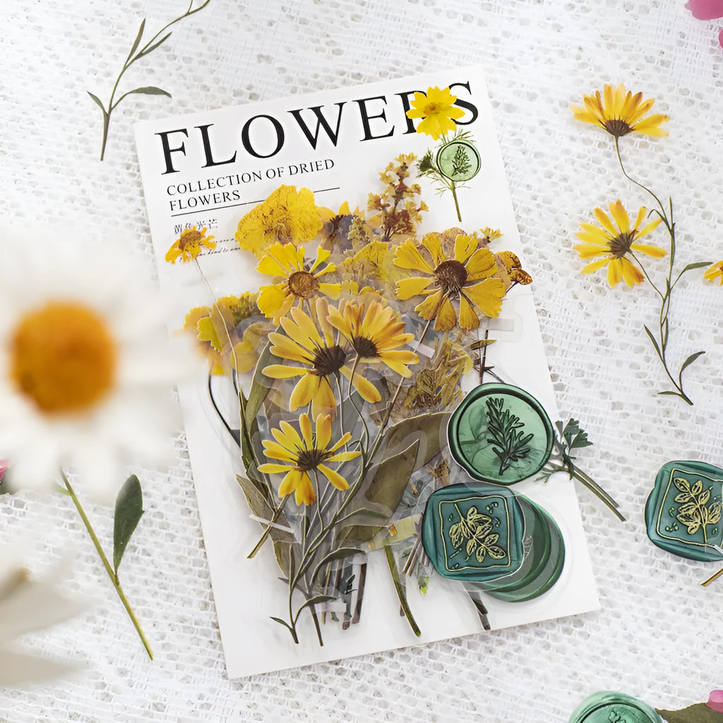 Dried flower journal decoration sticker set showing eight artistic styles on 70mm PET sheets