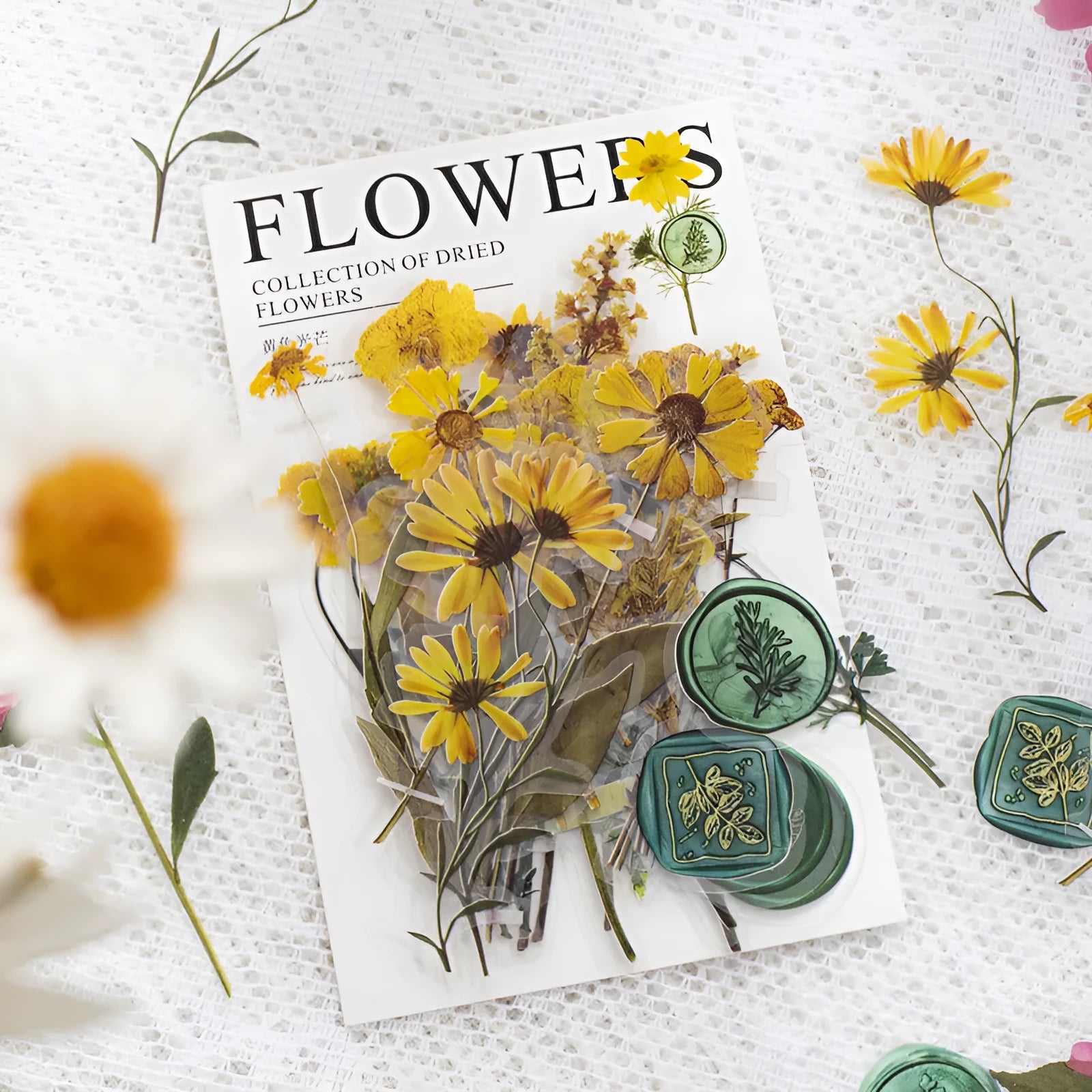 Dried flower journal decoration sticker set showing eight artistic styles on 70mm PET sheets
