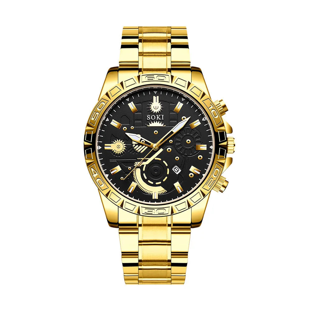 Gold men's business quartz watch with stainless steel strap on a wrist