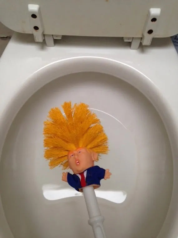 Yellow plastic Donald Trump toilet brush with 40cm length and hanging slot