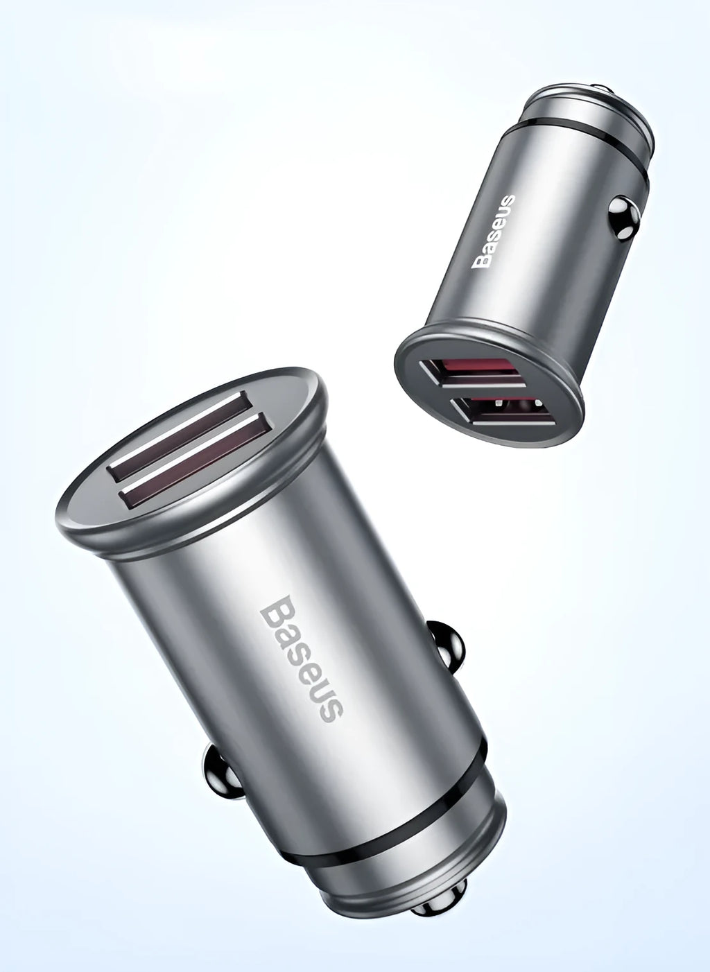 Black aluminium alloy dual USB smart car charger plugged into a 12V car socket.