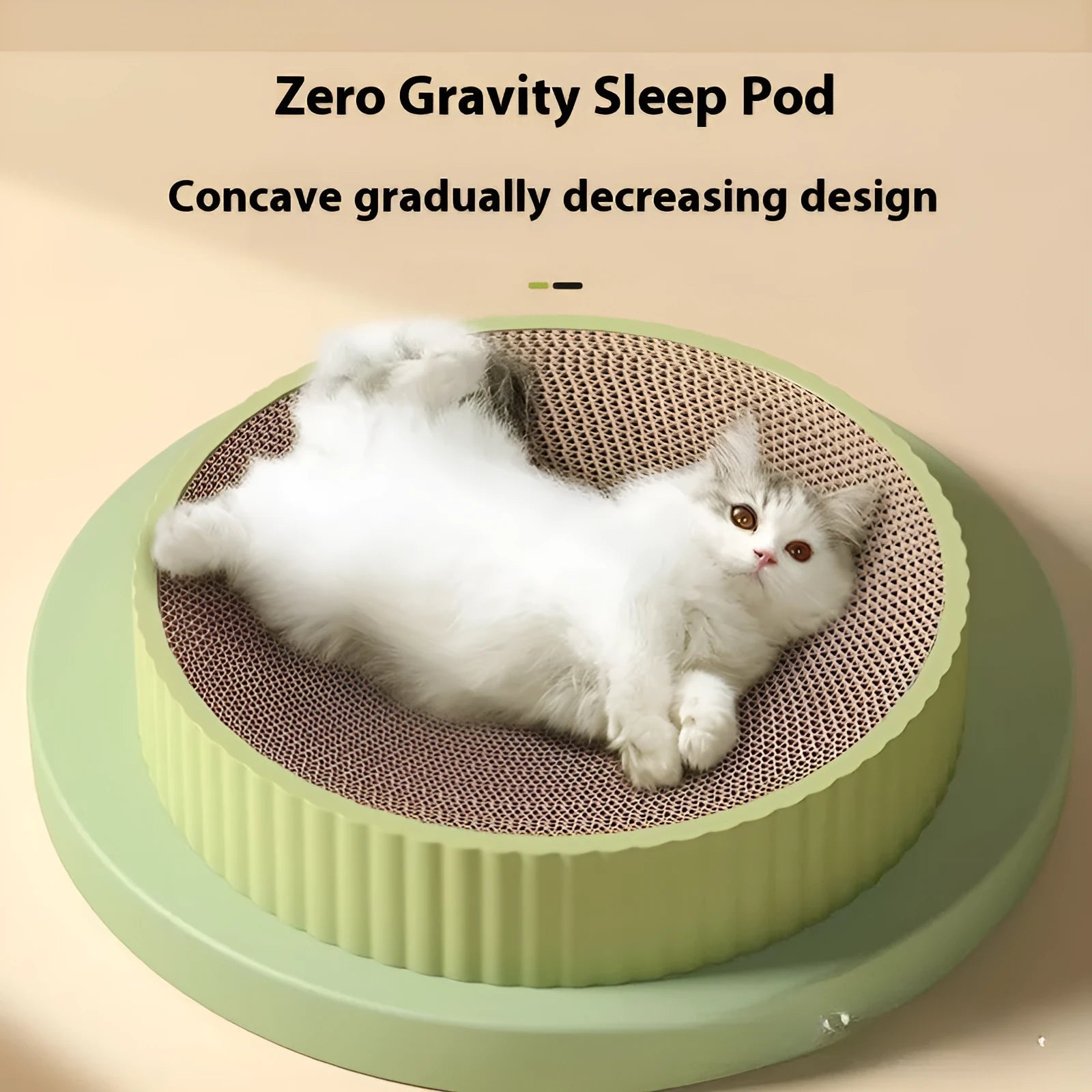 Round green and white cat scratching board bed with corrugated paper surface, 55 cm diameter