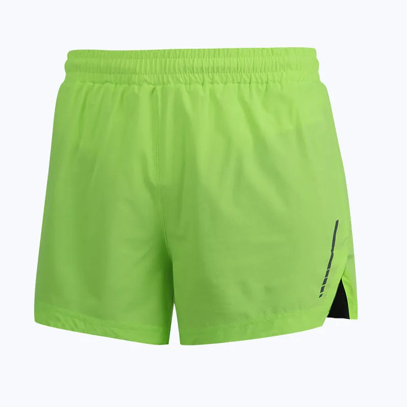 Unisex straight-cut marathon running shorts in quick-dry polyester, shown in fluorescent green.