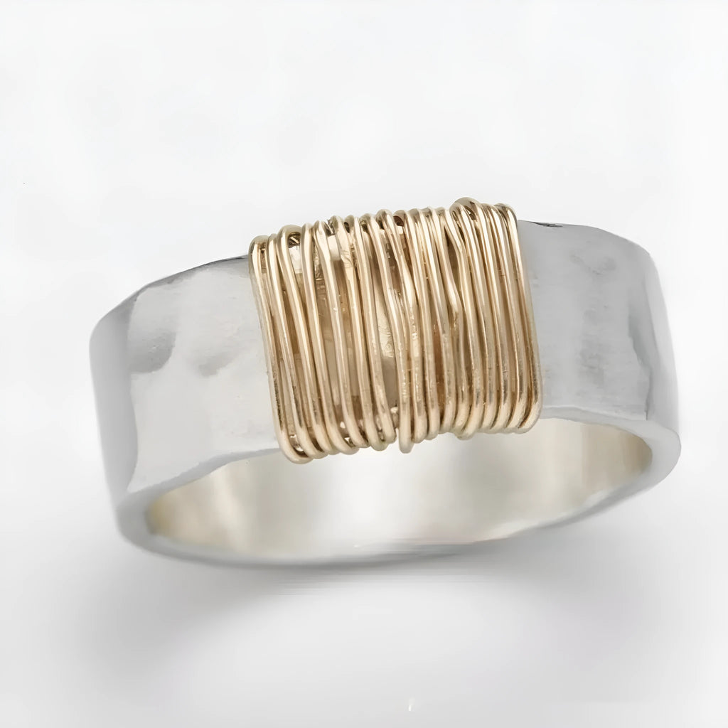 Copper wide face ring bracelet with geometric vintage coil design in silver gold colour.
