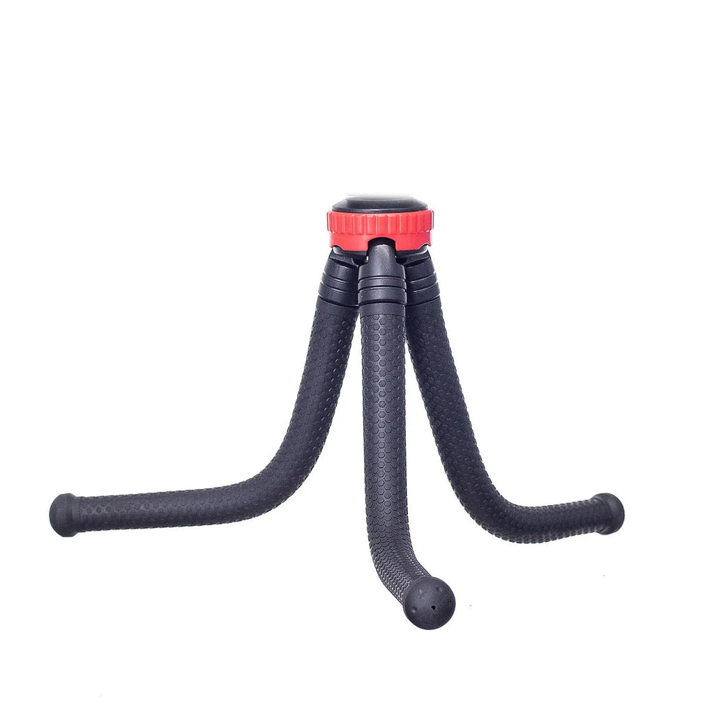 Black octopus tripod stand with flexible rubber legs and a spherical gimbal head for cameras and phones.