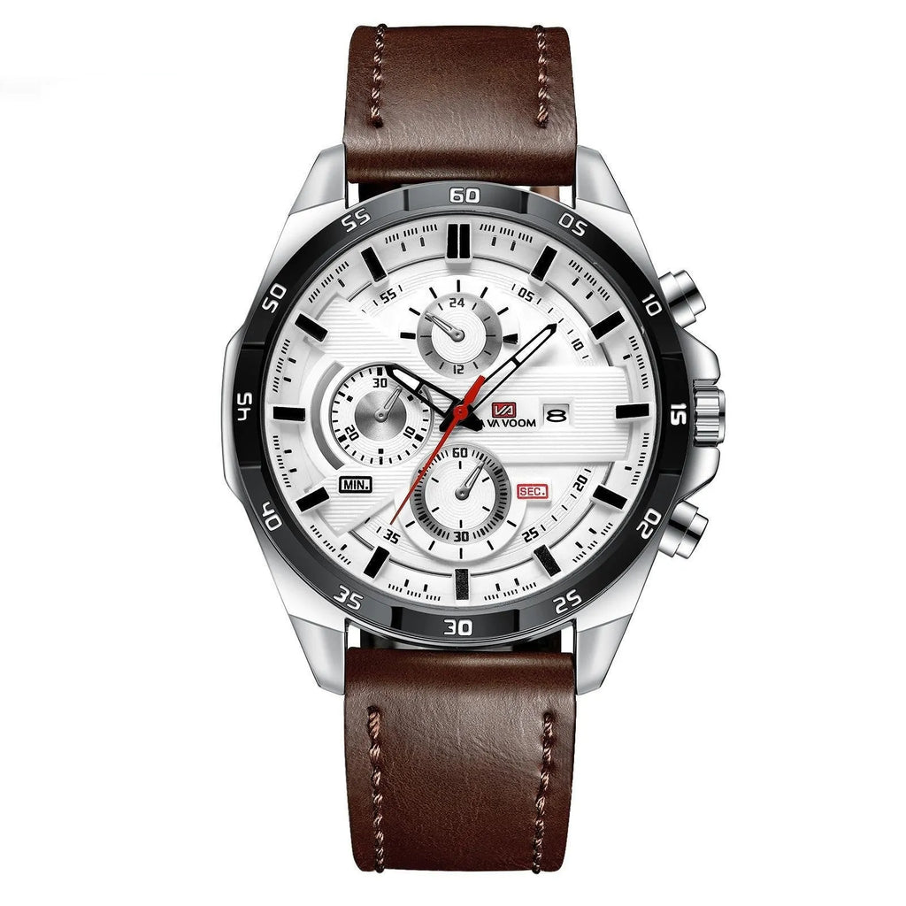 Men's casual waterproof quartz watch with business calendar on brown leather strap