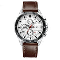 Men's casual waterproof quartz watch with business calendar on brown leather strap