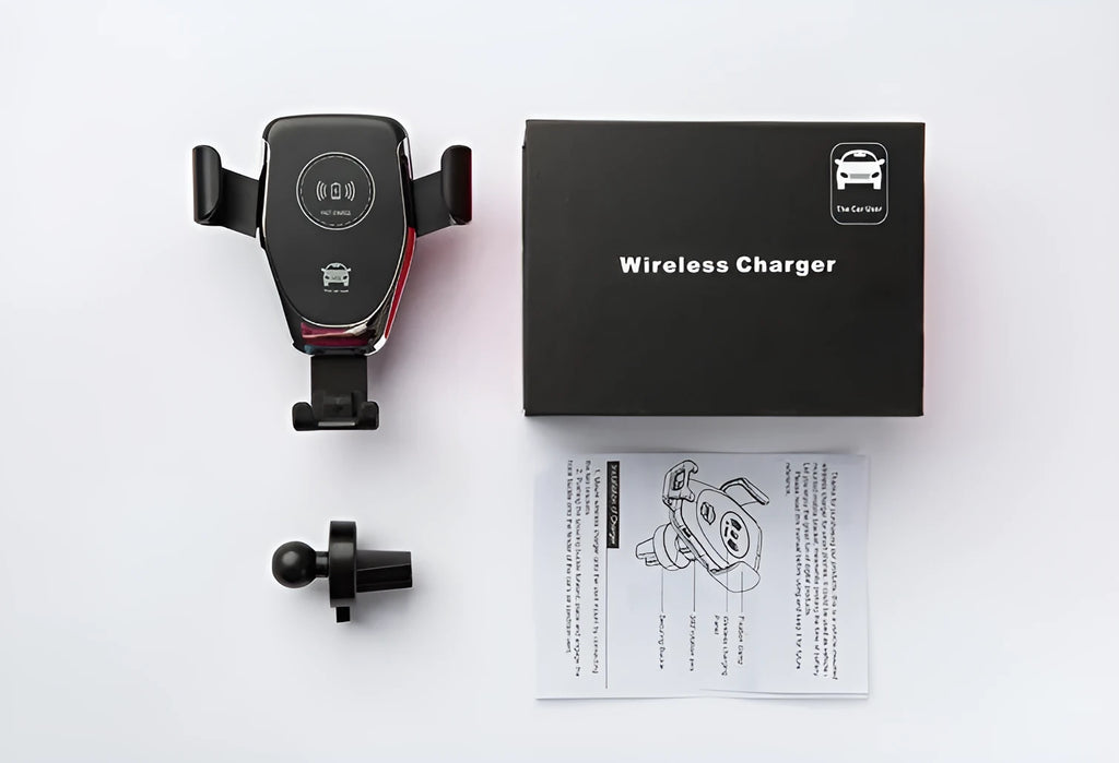 Black car wireless charger mounted on dashboard showing iPhone in automatic clamp