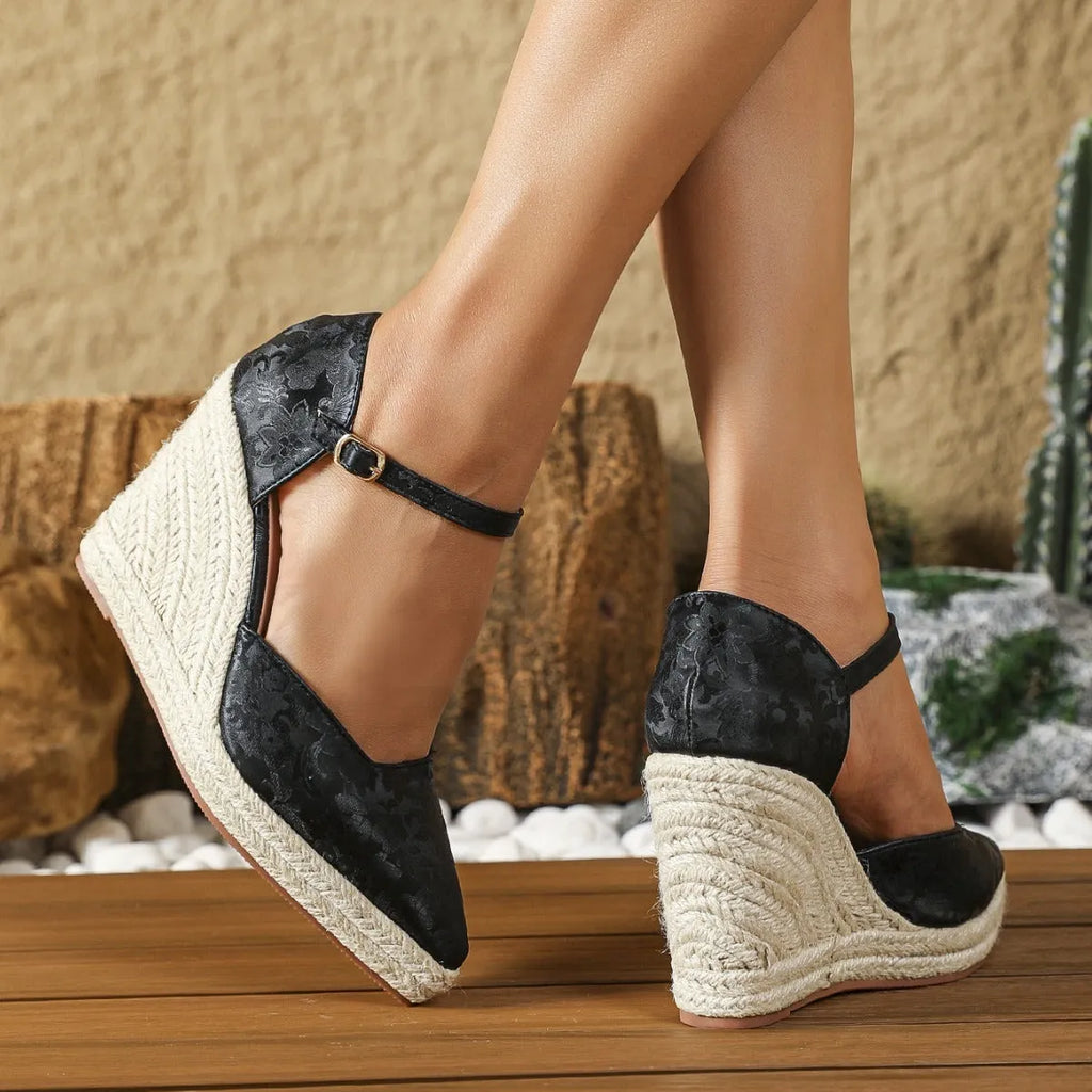 Wedge platform high heel pumps with straw woven hemp rope bottom, pointed toe, hollowed sides, in black