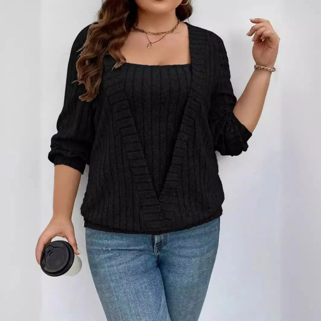 Women's solid colour rib fabric V-neck long sleeve false two-piece suit in loose fit.