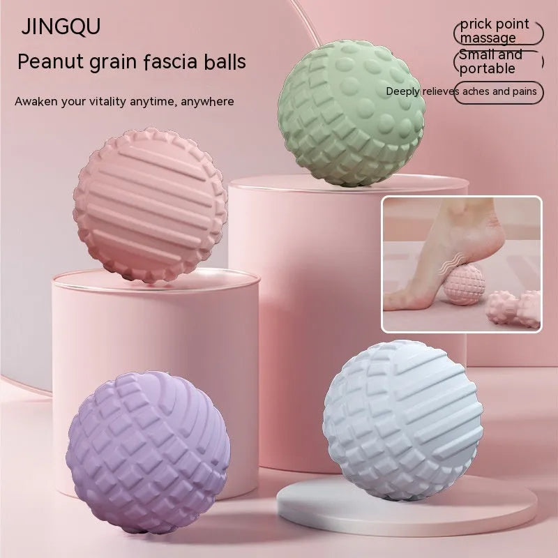 TPR foot massage ball in blue colour showing 6cm diameter with spherical and peanut-shaped variants