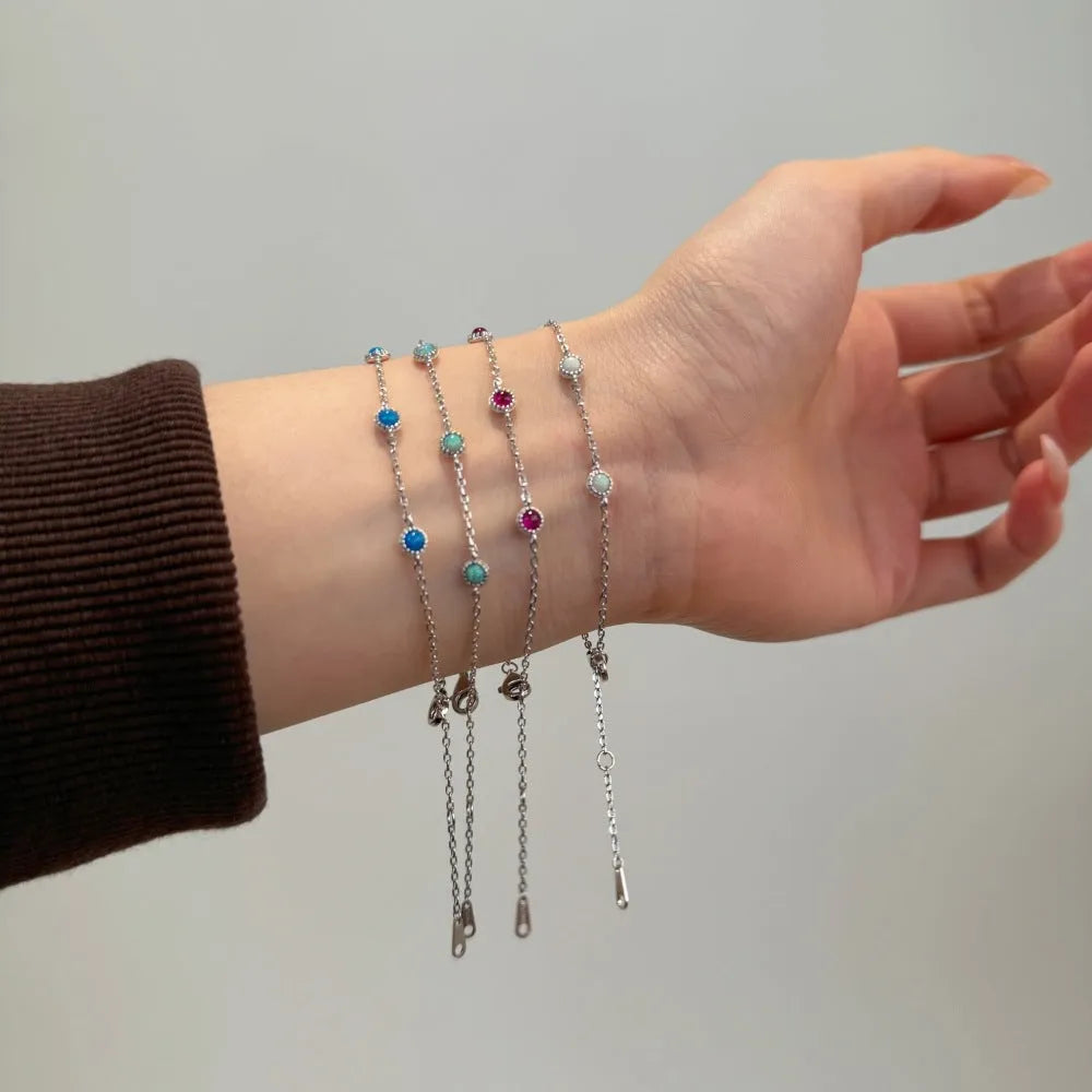 925 sterling silver bracelet with round opal stones in Japanese Korean geometric style for women
