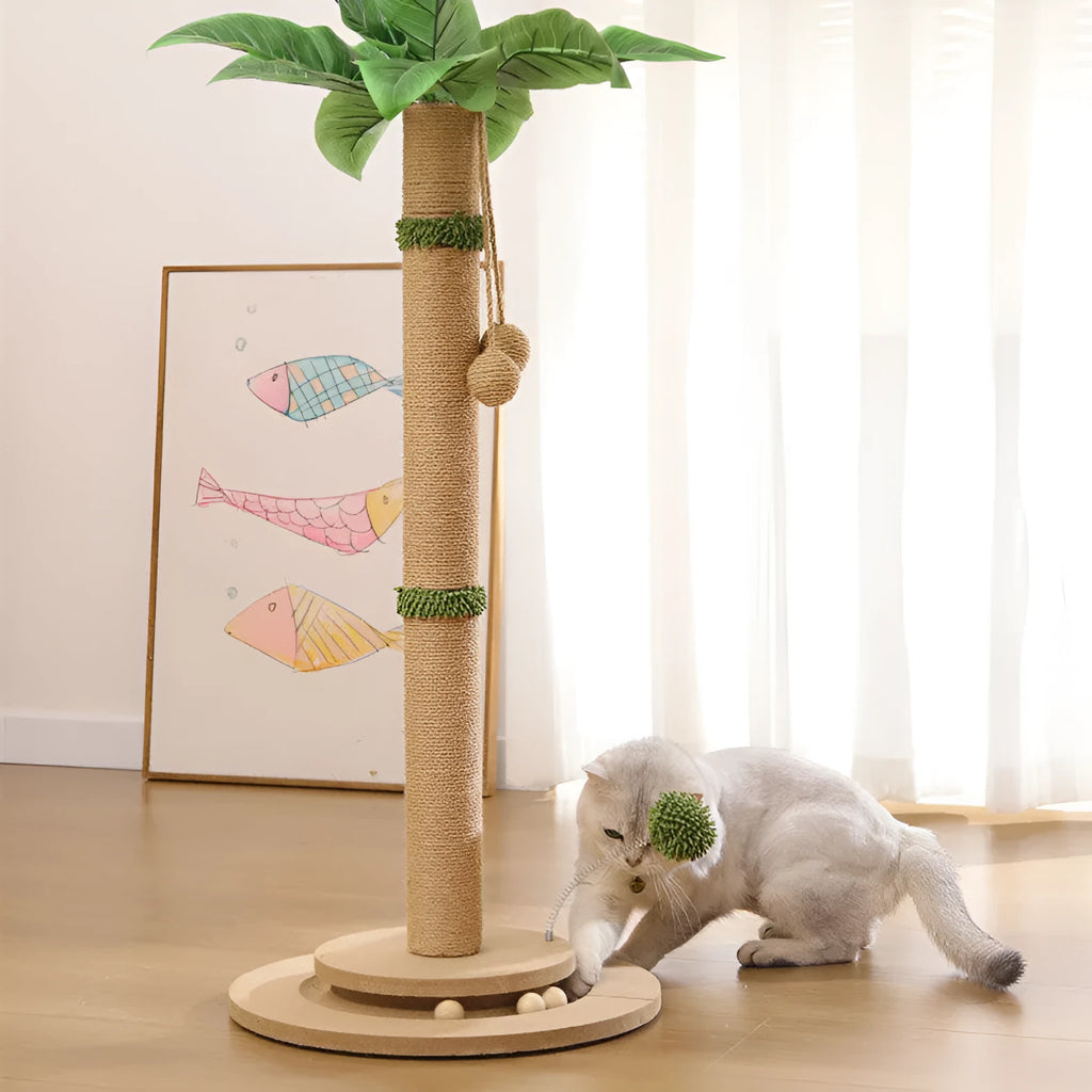 Modern vertical cat climbing frame with natural sisal rope scratch post in Canna colour.