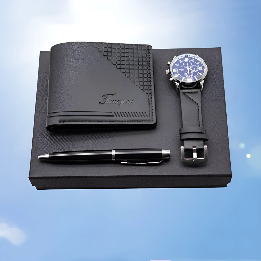 Creative holiday gift set showing wallet, pen, and watch in a brown and black modern gift box.