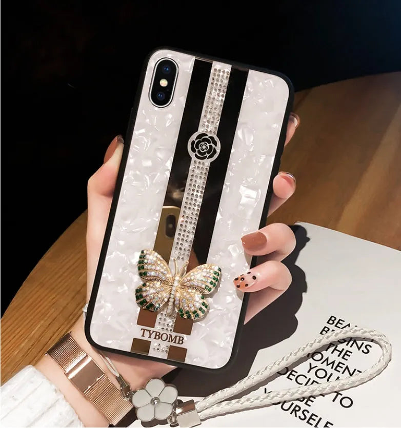 Luxury diamond butterfly mirror iPhone case in acrylic with gemstone decoration