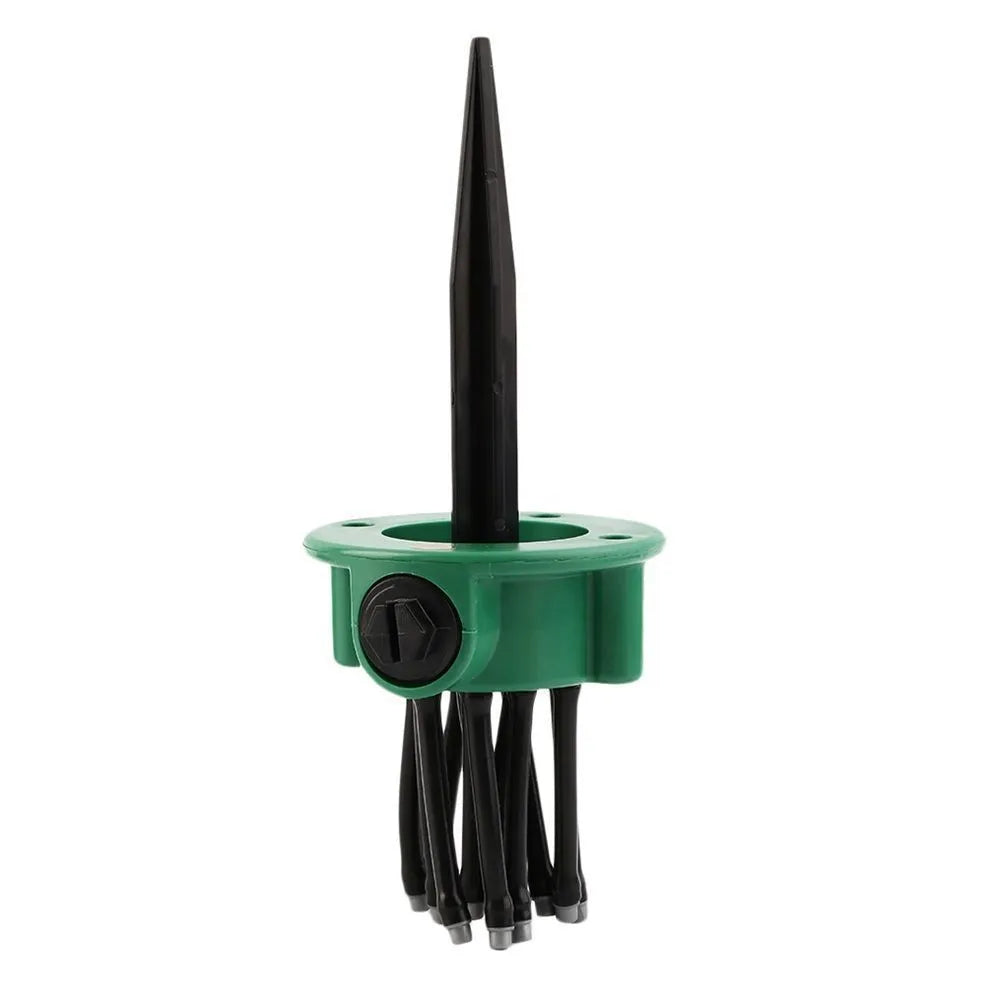 Green adjustable lawn sprinkler with flexible tubes for custom garden watering patterns